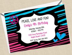 peace love and fun birthday party card with pink, green, black and white stripes