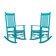 two blue rocking chairs sitting next to each other