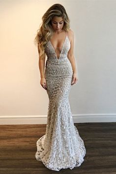 Ballbella custom made Gorgeous V-Neck Prom Party Gowns| New Arrival Lace Mermaid Evening Gowns. Free shipping, high quality, fast delivery, made to order dress. Discount price. Affordable price. Ballbella. Silver Formal Dresses, Silver Prom Dress, Prom Dress With Train, Mermaid Prom Dresses Lace, Mermaid Evening Gown, V Neck Prom Dresses, Graduation Dresses, Lace Prom Dress, Backless Prom Dresses