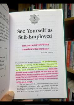 someone is holding up a book in front of bookshelves with the title see yourself as self - employed i am the captain of my soul