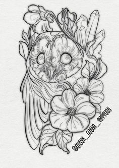 an owl and flowers tattoo design