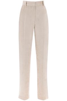 100%VI Chic Tailored Bottoms With Flat Front, Luxury Beige Bottoms For Workwear, Elegant Beige Tapered Leg Pants, Elegant Flat Front Pants With Belt Loops, Elegant Beige Dress Pants With Straight Hem, Elegant Beige Bottoms With Straight Hem, Luxury Beige Workwear Pants, Elegant Flat Front Spring Bottoms, Elegant Flat Front Bottoms For Spring