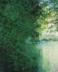 a painting of trees and water in the background with sunlight coming through them, along with green foliage