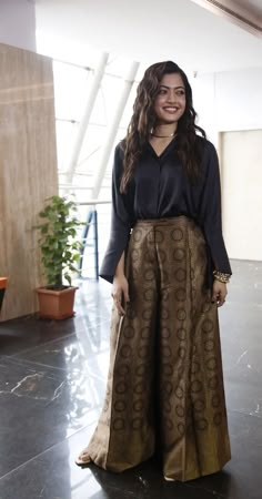 Pallazo Suits Indian Casual, Brocade Pants With Top, Palazzo Saree, Bollywood Style Semi-stitched Dola Silk Palazzo Set, Diwali Party Outfit, Festive Black Silk Palazzo Set, Traditional Brocade Palazzo Set For Diwali, Festive Brocade Palazzo Set, Black Silk Palazzo Set With Resham Embroidery