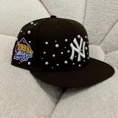 Each pearl is hand placed by me.  Hat Color is Chocolate Brown, apart of my FALL COLLECTION Bling Panthers Hats And Shoes, Diy Hats, Custom Fitted Hats, Pearl Jewels, Diy Hat, New Era Cap, Jersey City, Fitted Caps, Cool Hats