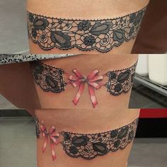 two pictures of the same woman's legs with bows on them and laces