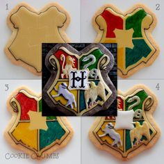 harry potter crest cookies decorated with royal icing and fondant, all in the shape of hogwart's houses