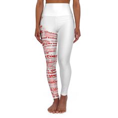 These motivational skinny fitting high-waisted yoga leggings will take you from workout to store run in comfort and style. They are fully customizable with an all-over print that adds an instant pop to any athleisure wardrobe. Note: Runs small, consider sizing up! .: 100% polyester .: Skinny fit .: Outside seam thread is color-matched to design .: White inside seam thread .: Double layer waistband .: NB! When stretched excessively, some of the undyed white underneath material may become visible Fitted Letter Print Activewear For Yoga, White Compressive Elastane Leggings, White Full-length Sports Leggings, White Sports Leggings With 4-way Stretch, White Moisture-wicking Leggings For Yoga, White Micro-elastic Sports Leggings, Fitted Letter Print Leggings For Yoga, Fitted Yoga Leggings With Letter Print, Athleisure Wardrobe