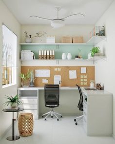 an office with a desk, chair and shelves