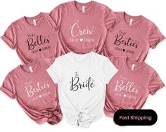 six shirts with the names of brides and grooms on them, all in different colors