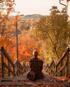 a woman sitting on top of a wooden bridge next to trees with fall leaves around her