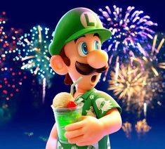 mario kart drinking ice cream with fireworks in the sky behind him and holding a drink