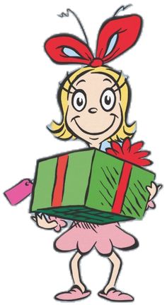 a cartoon girl holding a green box with red bows on it's head and eyes