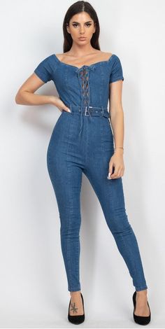 Denim jumpsuit featuring a front lace-up design and belt. A sweetheart neckline,seamed, belted cinched waist. Back zipper,skinny fit length. Back pockets. poly/rayon/spandex/cotton Vibe Tribe, Hippie Girl, Hippie Vibes, Denim And Lace, Denim Jumpsuit, Women Supporting Women, Cinched Waist, Sweetheart Neckline, Fashion Boutique