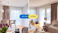 before and after photos of a living room with curtains pulled back to reveal the same color scheme