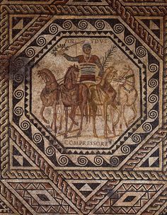 an ancient mosaic in the shape of a horse drawn carriage with two men on it