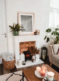 a living room filled with furniture and a fire place next to a fireplace covered in potted plants