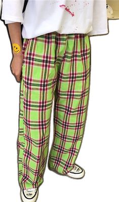 Trendy Full Length Green Pants, Trendy Green Full Length Pants, Trendy Green Full-length Pants, Plaid Relaxed Fit Summer Pants, Summer Plaid Relaxed Fit Pants, Summer Relaxed Fit Plaid Pants, Trendy Green Cotton Sweatpants, Plaid Straight Pants For Summer, Trendy Baggy Green Sweatpants