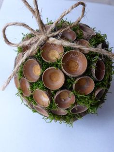 a bunch of brown cups sitting on top of a white table next to some grass