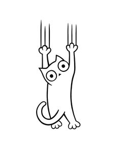 a black and white drawing of a cat hanging upside down from the ceiling with two legs