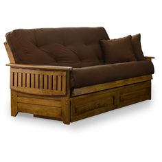 a wooden futon bed with brown pillows