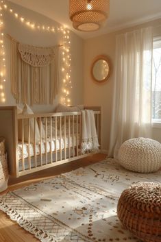 a baby's room with lights strung from the ceiling and a crib in the corner