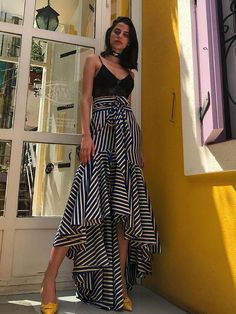 Pattern:Striped Occasion:Daily/Casual Material:Polyester Color:Blue White Size:S,M,L Boho Skirt Diy, Boho Skirt Outfit, Long Summer Outfits, Comfy Casual Summer Outfits, Long Skirt Outfits For Summer, Ruffle Long Skirt, Street Style Skirt, Bohemian Skirts, Bohemian Maxi Skirt