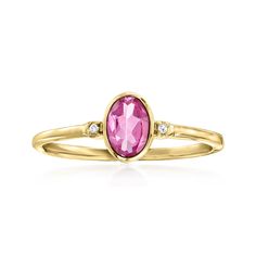 Ross-Simons - .60ct Pink Topaz Ring, Diamond Accents in 14kt Yellow Gold. Size 7. RS Pure. Modern designs that complete your outfit and complement your personality. Pretty and pink, this dainty ring presents a .60 carat oval pink topaz gem with twinkling diamond accents at each side. Set in polished 14kt yellow gold, this simple style is perfect to wear solo or stacked with other minimalist favorites. 1/4" wide. Pink topaz ring. Fine Jewelry Pink Topaz Ring With Gemstone Accents, Pink Topaz Ring With Gemstone Accents, Pink 14k Gold Rings With Diamond Accents, Pink Diamond Ring With Birthstone For Formal Occasions, Pink Gem Ring, Pink Topaz Ring, Pink Gem, Ring With Diamond, Pink Topaz