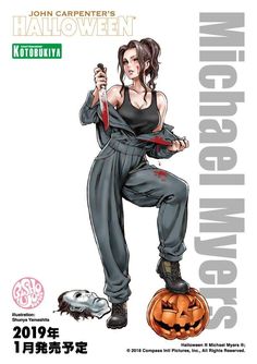 a woman in grey jumpsuit holding a knife on top of a pumpkin