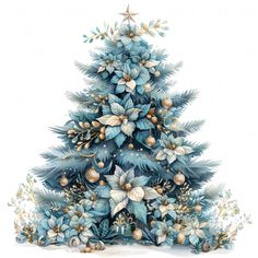 a blue christmas tree with gold ornaments and greenery on the top is surrounded by snowflakes