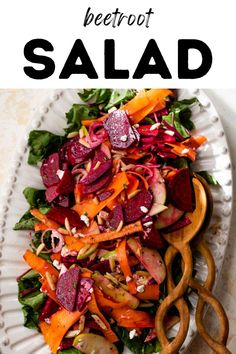 beet and carrot salad on a white plate with text overlay