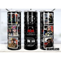 the back side of a can that has photos on it, and an image of fire fighters