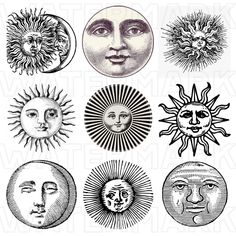 six sun and moon faces in black and white