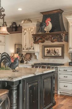 a rooster statue sitting on top of a kitchen counter