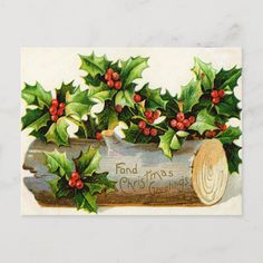 an old fashioned christmas card with holly and red berries in a wooden barrel on marble background