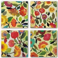 four paintings with flowers on them in different sizes and colors, all painted by hand