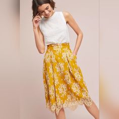 Nwt $130 Anthropologie Hailee C Isabella Lace Pencil Skirt Xs Nylon, Cotton, Rayon; Polyester Lining. Slim Fit Scalloped Hem Midi Silhouette Side Zip Machine Wash Imported Chic Yellow Knee-length Skirt, Elegant Yellow Skirt, Pleated Knee-length Skirt For Brunch, Knee-length Pleated Skirt For Brunch, Chic Yellow Skirt For Brunch, Chic Yellow Midi Skirt, Elegant Yellow Skirt For Day Out, Chic Pleated Skirt For Brunch, Chic Full Yellow Skirt