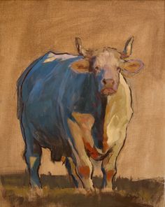 a painting of a cow standing in a field with brown and blue paint on it's face