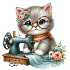 a cute kitten with glasses is sitting on a sewing machine and has flowers in her hair