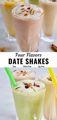 four different types of smoothies with text overlay that reads four flavors date shakes