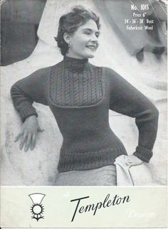 an old photo of a woman wearing a knitted sweater and skirt with her hands on her hips