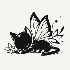 a black and white image of a cat with wings on its back, laying down