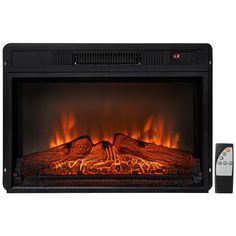 an electric fireplace with flames and remote controls