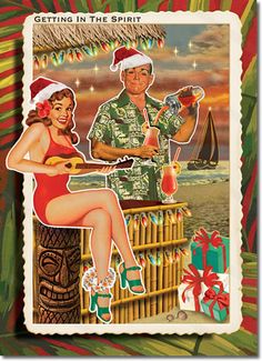 a man and woman dressed in christmas attire are playing the ukulele on a postage stamp