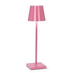 a pink lamp on a white background with a light shade in the shape of a rectangle