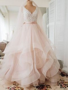 Blush Pink Lace Wedding Dresses Multi-Layered Organza Wedding Gowns AWD1336-SheerGirl Pink Tulle Evening Dress, Cheap Bridal Dresses, Blush Pink Wedding Dress, Lace Long Prom Dress, How To Dress For A Wedding, Tule Rok, Gonna In Tulle, Blush Wedding Dress, Pink Evening Dress