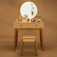 a vanity with a mirror and stool in front of it on a brown wall background