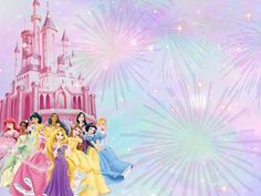 a group of princesses are standing in front of a castle with fireworks behind them