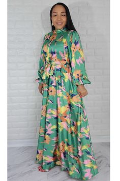 Material: Satin Style: Maxi Dress Long Sleeve Color: Green & Mul Fit True to size. The model is wearing a size Small with 36 Bust Size Recommended Small = 4/6 Medium= 8 Large= 10 XL = 12 1XL= 14 Maxi Dress Long Sleeve, Satin Style, Maxi Dress Long, Sleeve Maxi Dress, Colorful Garden, Style Maxi Dress, Long Sleeve Maxi, Long Sleeve Maxi Dress, Long Maxi Dress