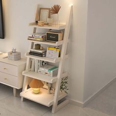 a living room with white furniture and a flat screen tv mounted on the wall above it